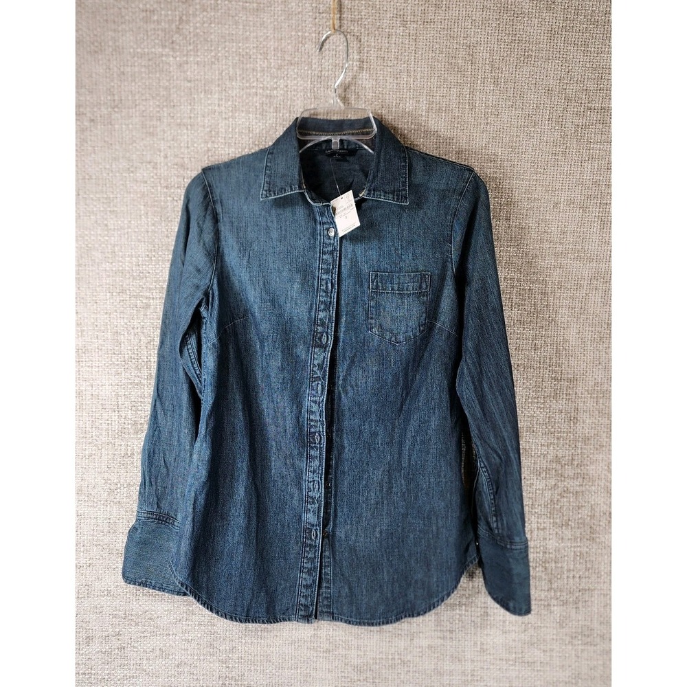 Lands End Long Sleeve Denim Shirt Blouse Womens 2 Blue Anchor Buttons NWT